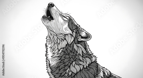A black and white illustration of a wolf howling at the moon with its head tilted back.