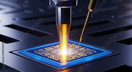 Microchip with glowing golden circuitry, being worked on by two gold-tipped tools