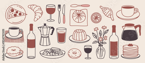 Hand Drawn Food and Drink Elements Including Pizza Croissant Wine and Coffee Pot