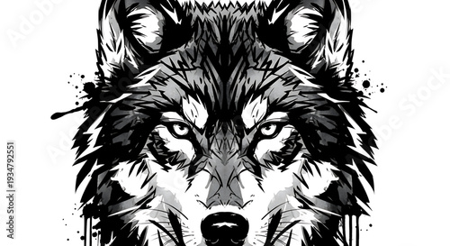 A black and white vector illustration of a wolf's face with a bold, graphic design