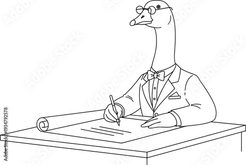 Goose wearing glasses and suit signing document at desk