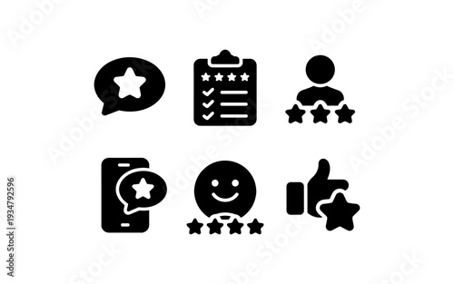 Collection of customer feedback and rating icons with stars and checkmarks
