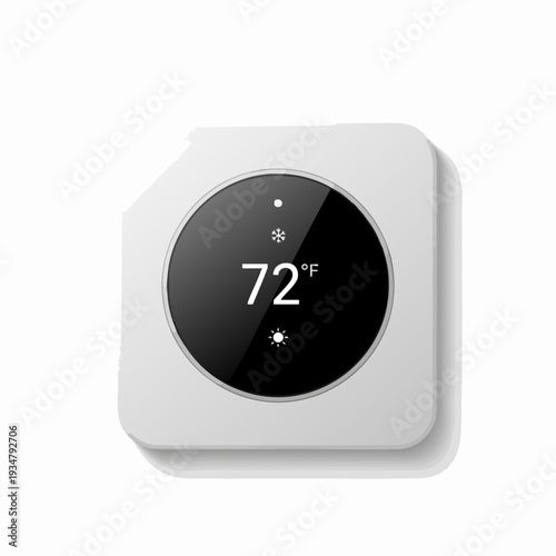 Smart thermostat displaying 72 degrees Fahrenheit on a sleek digital interface with sun and snowflake icons on a gray wall