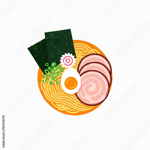 Top view of delicious ramen bowl with noodles pork slices nori seaweed egg and narutomaki in cartoon vector style