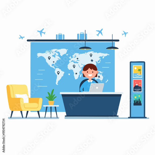 Smiling travel agent at desk with world map illustration in modern office booking trip on laptop holiday planning concept