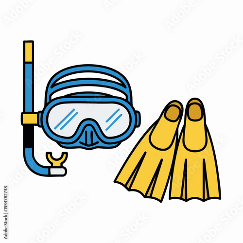 Snorkeling gear set vector illustration: mask snorkel and fins for underwater diving adventures in bright cartoon style