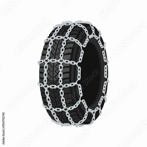 Snow tire with silver metal chains for improved traction on ice and snow side view winter driving safety equipment for car