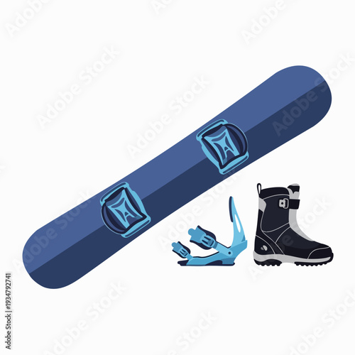Snowboard and boot equipment in flat vector style; snowboard boot and bindings; cool blue colors for winter sports activities and design elements
