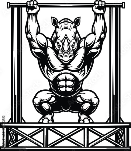 Muscular rhino lifting weights on squat rack with barbell