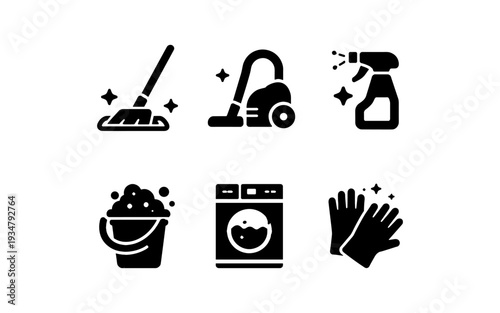 Collection of cleaning tools and appliances icons for household chores and hygiene