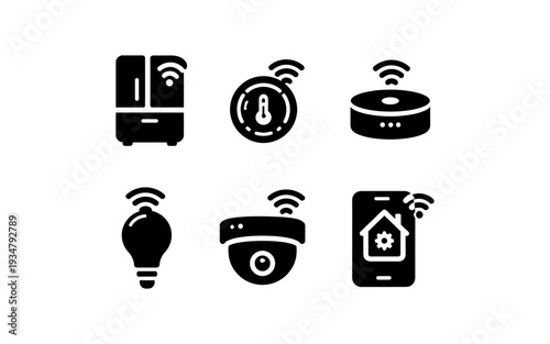 Collection of smart home device icons with Wi-Fi connectivity symbols