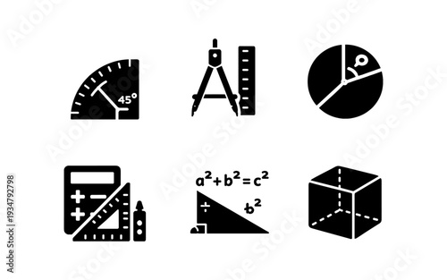 Collection of mathematical icons representing geometry, calculation, and measurement tools