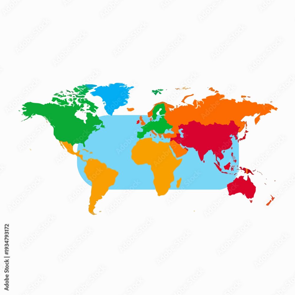 Obraz premium Stylized map of the world featuring colorful continents and light blue oceans for cartography geography education travel and global awareness