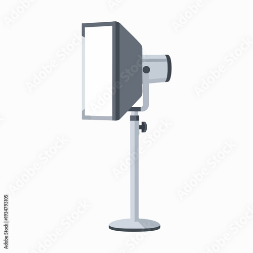 Studio light stand with softbox for photography and videography lighting; professional gray light equipment on white background for product shots