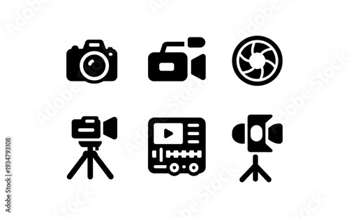 Collection of six black icons representing photography and videography equipment