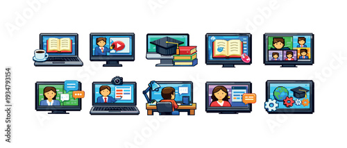 Online education flat icon set. e-learning, virtual class, webinar icons collection.