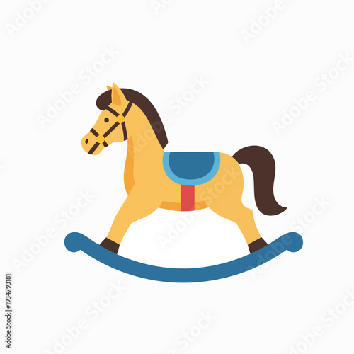 Stylized vector rocking horse illustration; childhood toy in yellow with blue saddle on a blue rocker; vintage plaything icon