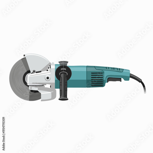 Teal angle grinder with gray abrasive disc and black handle side view power tool vector illustration for industrial cutting grinding and polishing