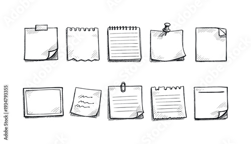 Notepad and paper outline icon set. doodle stationery sketch icons collection