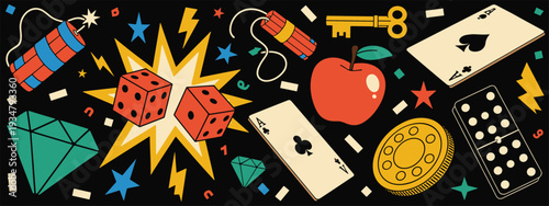 Vibrant Retro Cartoon Style Collection of Gambling and Game Elements on Black casino dice