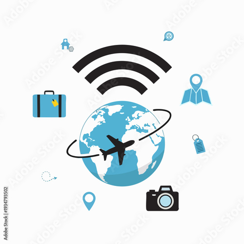 Travel the world with internet exploring places and planning trip represented in a digital vector style with blue earth wifi and travel icons