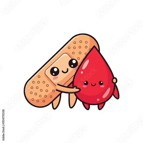 Cute Bandage and Drop of Blood Hugging Cartoon Characters
