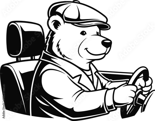 Smiling bear driving a car wearing a cap polar bear cartoon black and white monochrome
