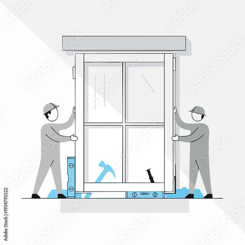 Two construction workers install new energy-efficient window in modern home home improvement in minimal flat vector design