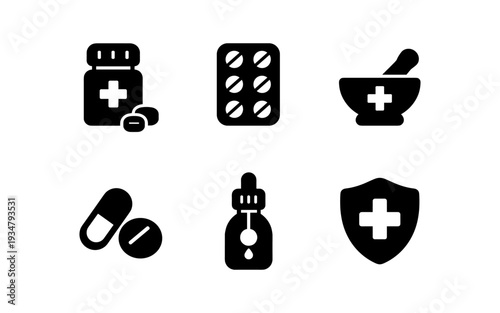 Collection of medical and pharmaceutical icons representing healthcare and treatment options