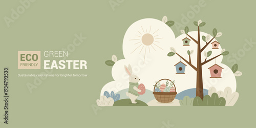 Eco-friendly Green Easter banner with cute bunny, basket of eggs and birdhouses in flat style.