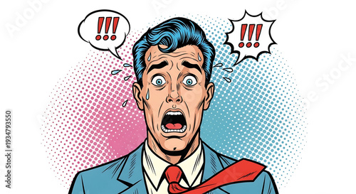 A comic book style illustration of a shocked businessman with speech bubbles