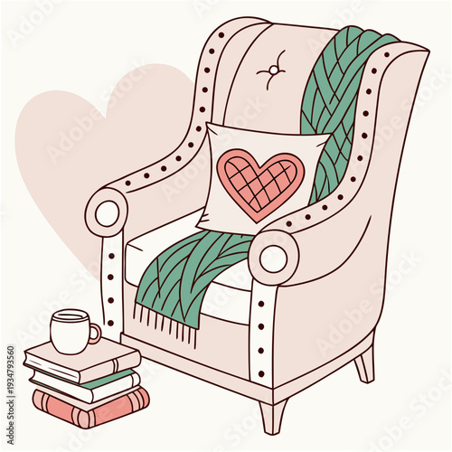 Cozy armchair with heart cushion, knitted blanket, stack of books, and hot beverage for relaxation