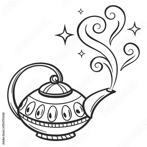 Ornate mystical genie lamp with swirling magical smoke and sparkling stars for fantasy themes