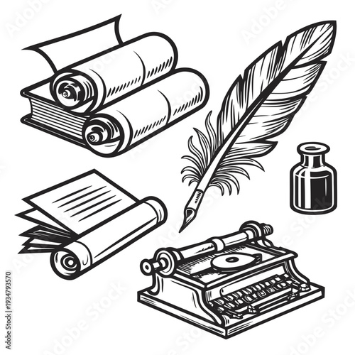 Vintage writing tools collection: scrolls, quill pen, inkwell, and retro typewriter in woodcut style