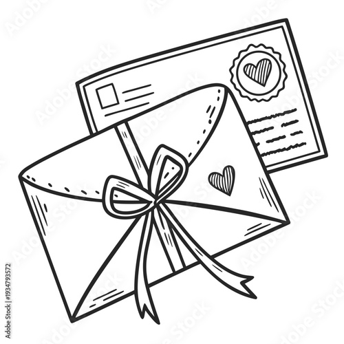 Romantic love letter tied with decorative bow next to sealed postcard for heartfelt communication