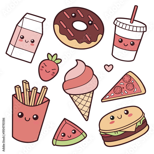 Adorable kawaii food collection: milk carton, donut, soda, strawberry, fries, ice cream, watermelon, pizza, hamburger