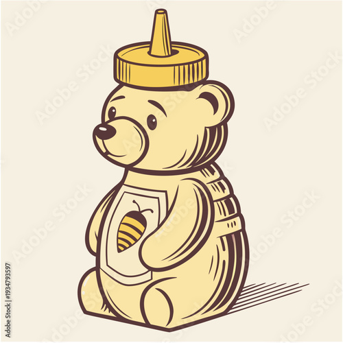 Classic squeezable bear shaped honey dispenser bottle with vintage style linework and soft yellow tones