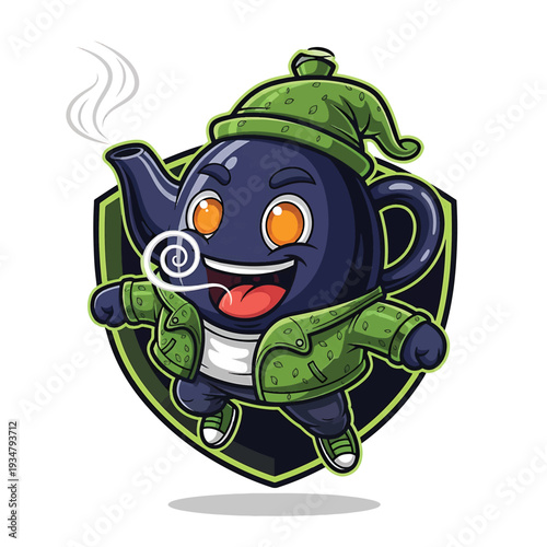 Cute blue teapot mascot in green coat and cap