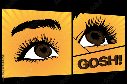 Retro Comic Pop Art Eyes with Bold Lashes and GOSH Exclamation – Vintage Cartoon Style Illustration
