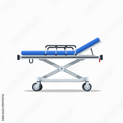 Vector illustration of a blue and gray medical gurney on white background. Emergency room stretcher vector design for healthcare.