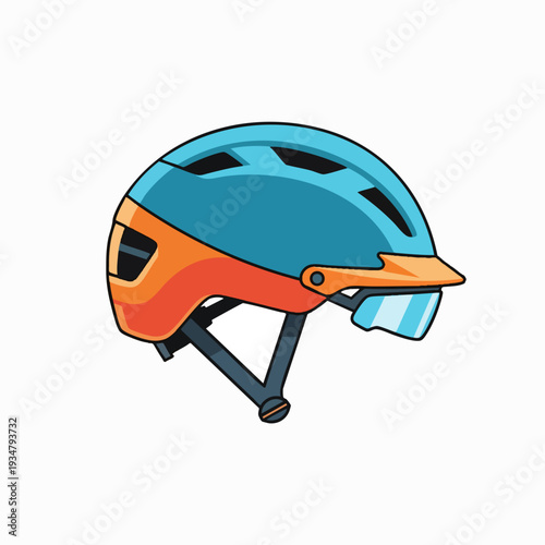 Vector illustration of a blue and orange bicycle helmet with visor and adjustment strap isolated on a white background ideal for safety promotion