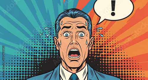 A shocked businessman with a speech bubble expressing surprise and alarm in a pop art style vector graphic