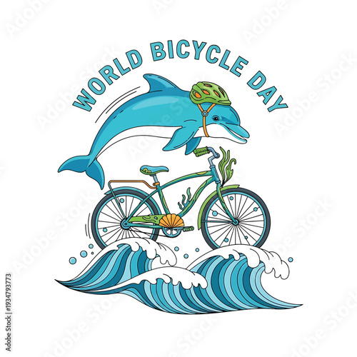 World Bicycle Day Dolphin Jumping Over Bicycle Surrounded by Waves