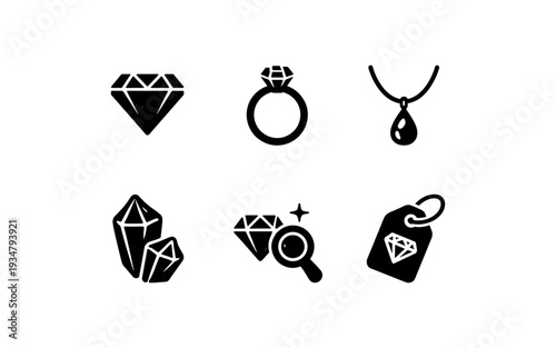 Collection of black diamond and gemstone icons representing jewelry and precious stones