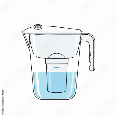 Water filter pitcher illustration in blue and white with visible water level; vector design for clean drinking water at home