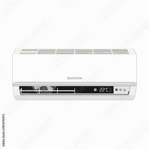 White air conditioner unit with digital display showing 22 degrees Celsius; appliance for cooling and ventilation in vector style
