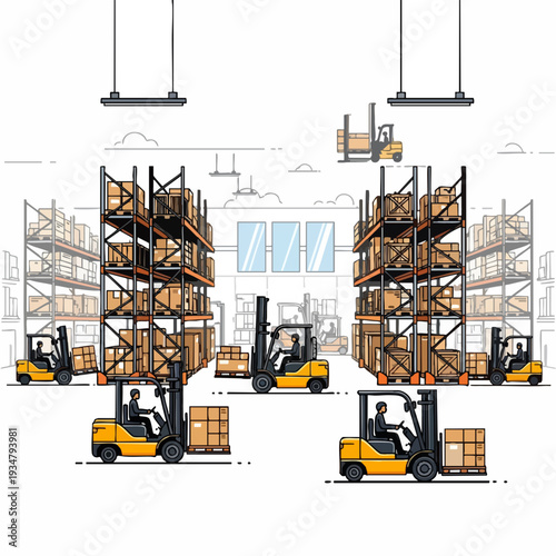 Warehouse interior with forklifts transporting boxes on shelves vector illustration in cartoon style; inventory management and logistics