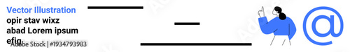 Online communication, email services, digital messaging, conceptual design, content layout, information exchange. A person interacts near an email symbol with placeholder text. Online communication
