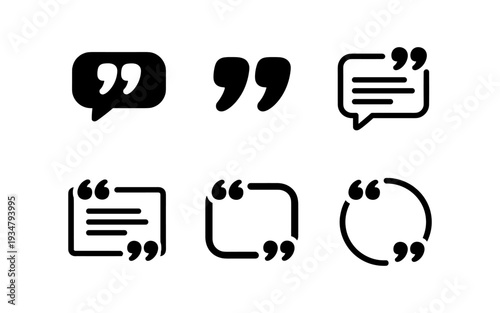 Collection of black quotation mark icons and speech bubble symbols on white background