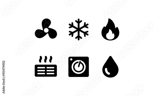 Set of climate control icons including fan, snowflake, flame, heater, thermostat, and water drop